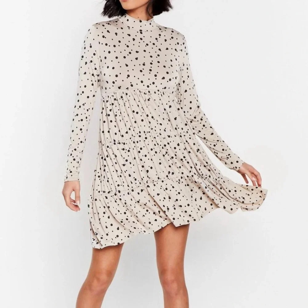 Nasty Gal Tier and Now Cream Black Dotted Mock Neck Tiered Mini Dress 10 Women’s